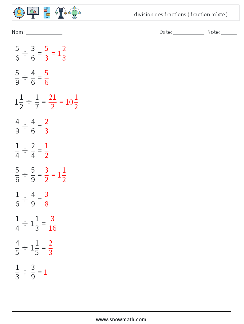 (10) division des fractions ( fraction mixte ) Fiches d'Exercices de Mathématiques 14 Question, Réponse