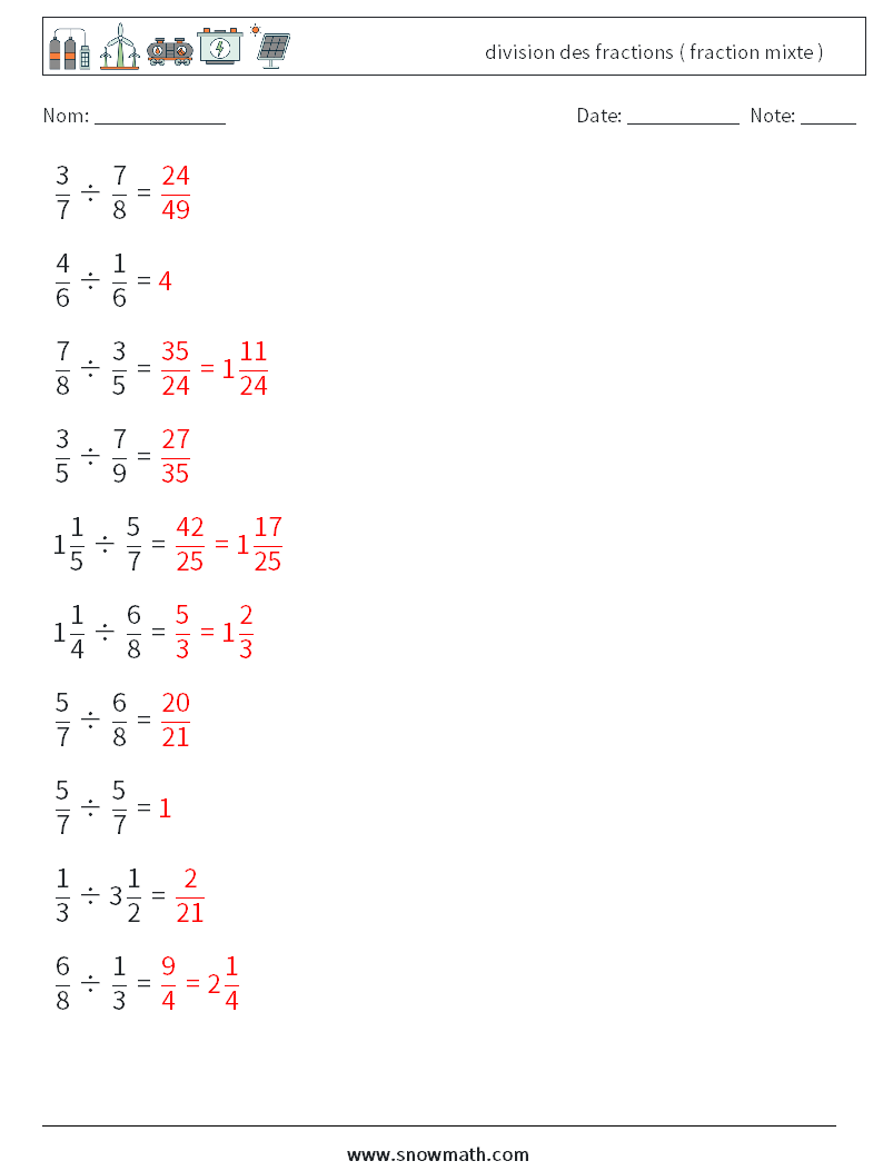 (10) division des fractions ( fraction mixte ) Fiches d'Exercices de Mathématiques 15 Question, Réponse
