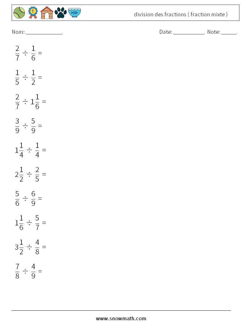 (10) division des fractions ( fraction mixte ) Fiches d'Exercices de Mathématiques 16