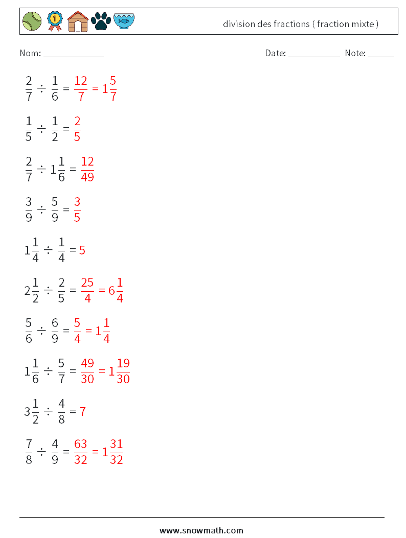 (10) division des fractions ( fraction mixte ) Fiches d'Exercices de Mathématiques 16 Question, Réponse