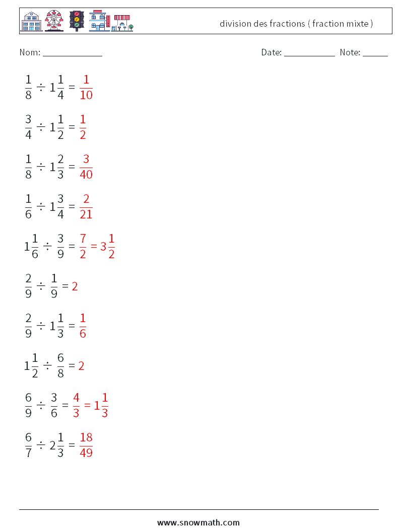 (10) division des fractions ( fraction mixte ) Fiches d'Exercices de Mathématiques 17 Question, Réponse