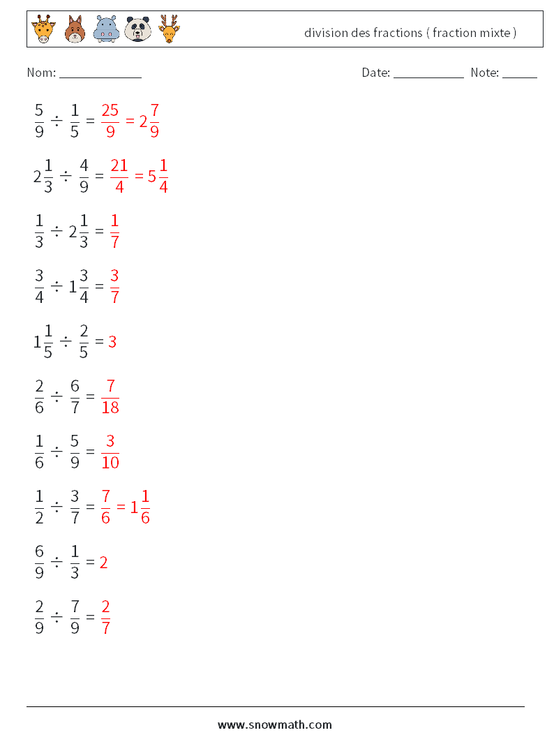 (10) division des fractions ( fraction mixte ) Fiches d'Exercices de Mathématiques 18 Question, Réponse