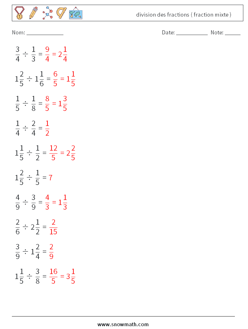 (10) division des fractions ( fraction mixte ) Fiches d'Exercices de Mathématiques 1 Question, Réponse
