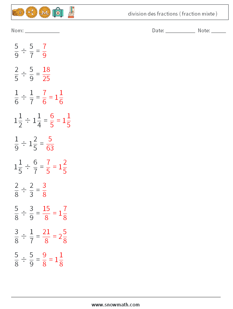 (10) division des fractions ( fraction mixte ) Fiches d'Exercices de Mathématiques 2 Question, Réponse