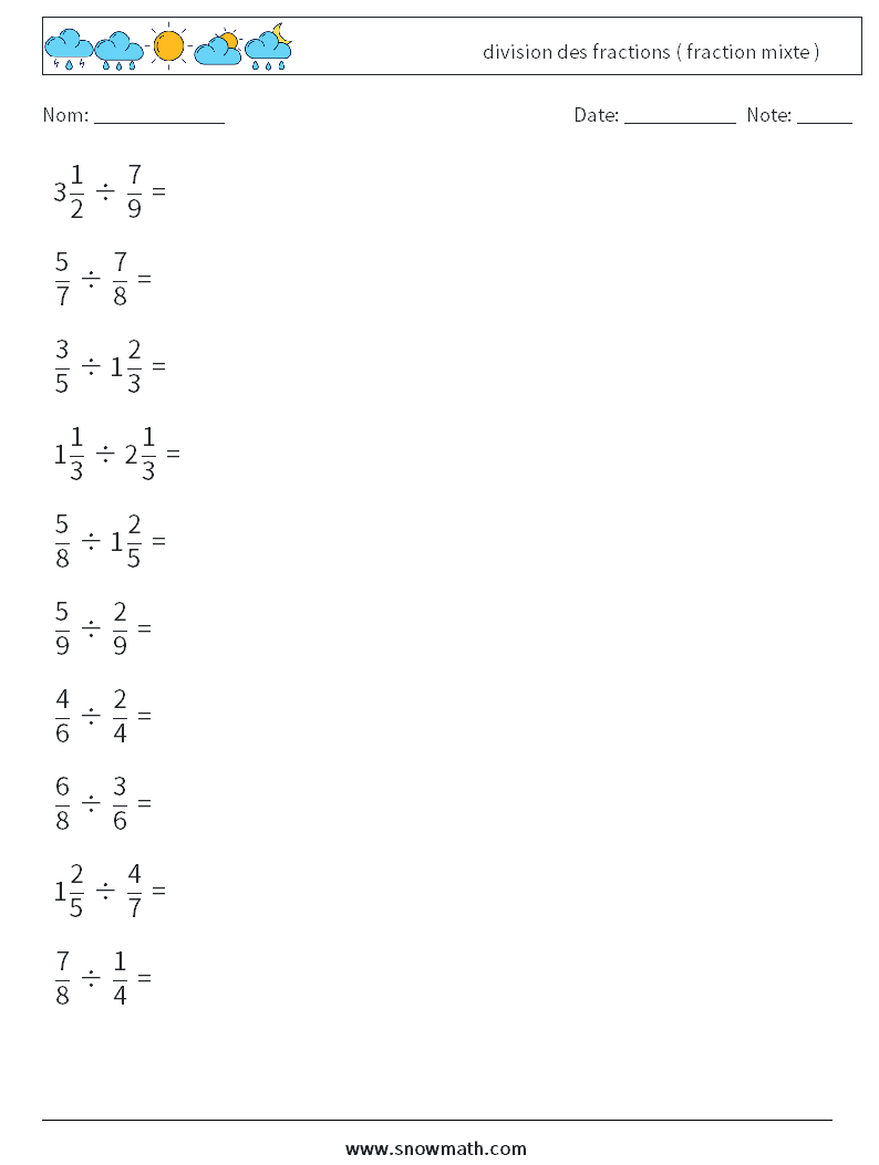(10) division des fractions ( fraction mixte ) Fiches d'Exercices de Mathématiques 3