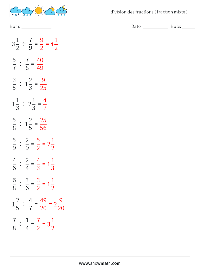 (10) division des fractions ( fraction mixte ) Fiches d'Exercices de Mathématiques 3 Question, Réponse