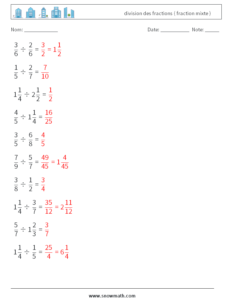 (10) division des fractions ( fraction mixte ) Fiches d'Exercices de Mathématiques 4 Question, Réponse