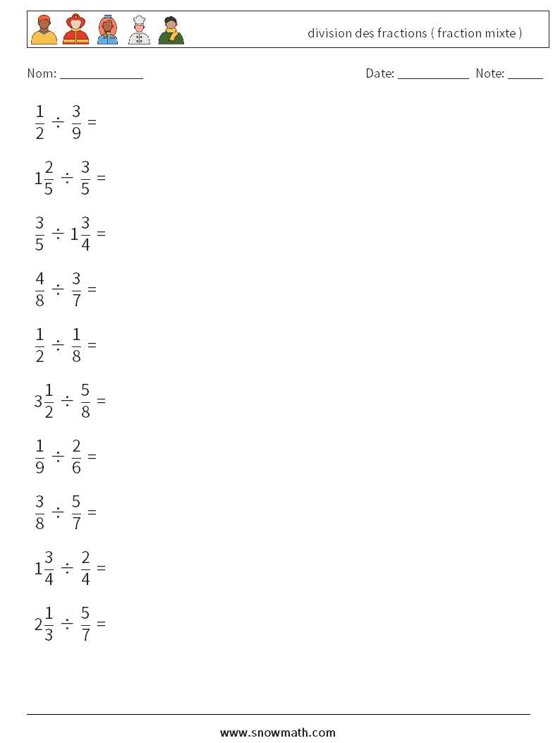(10) division des fractions ( fraction mixte ) Fiches d'Exercices de Mathématiques 6