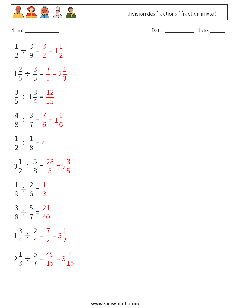 (10) division des fractions ( fraction mixte ) Fiches d'Exercices de Mathématiques 6 Question, Réponse