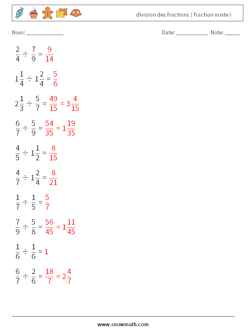 (10) division des fractions ( fraction mixte ) Fiches d'Exercices de Mathématiques 7 Question, Réponse
