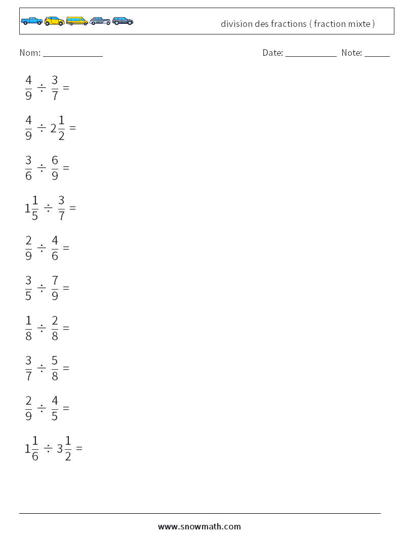 (10) division des fractions ( fraction mixte ) Fiches d'Exercices de Mathématiques 8