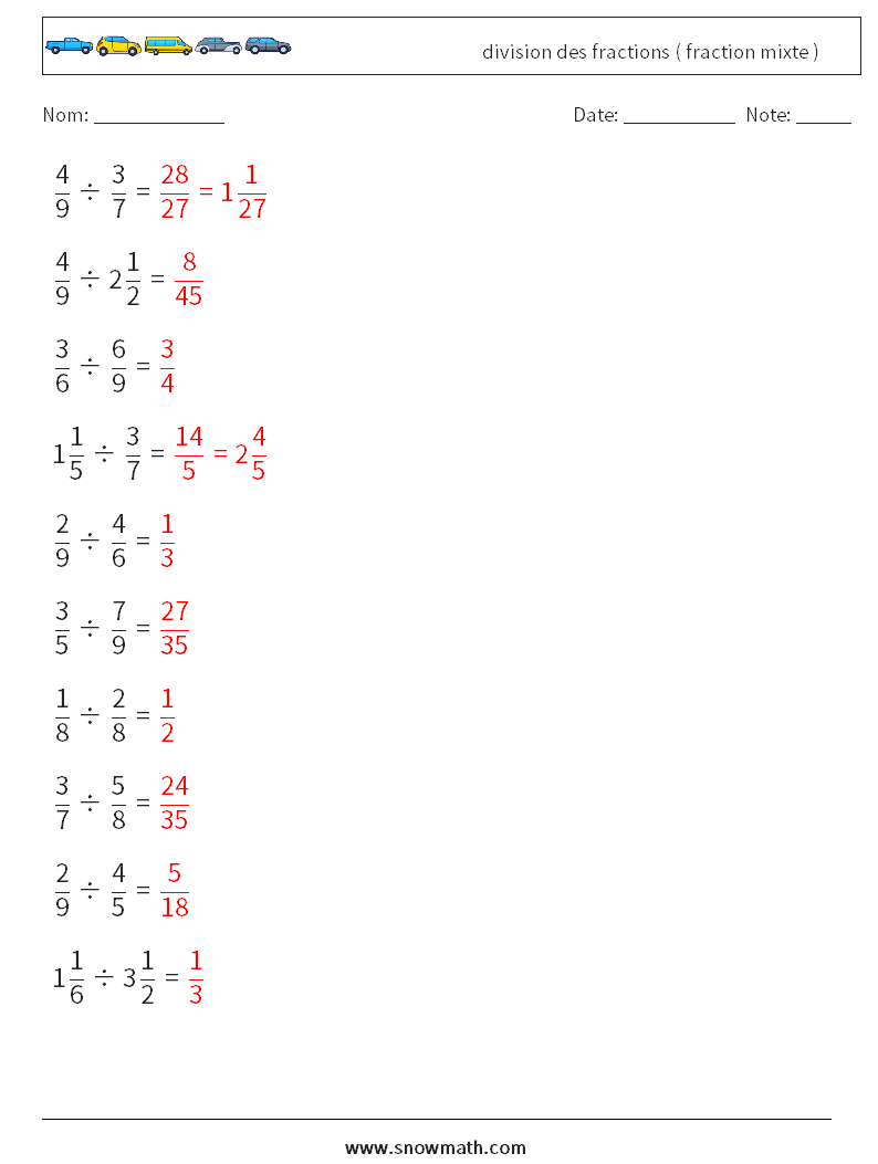 (10) division des fractions ( fraction mixte ) Fiches d'Exercices de Mathématiques 8 Question, Réponse
