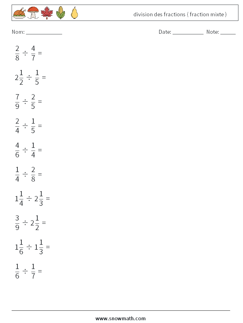 (10) division des fractions ( fraction mixte ) Fiches d'Exercices de Mathématiques 9