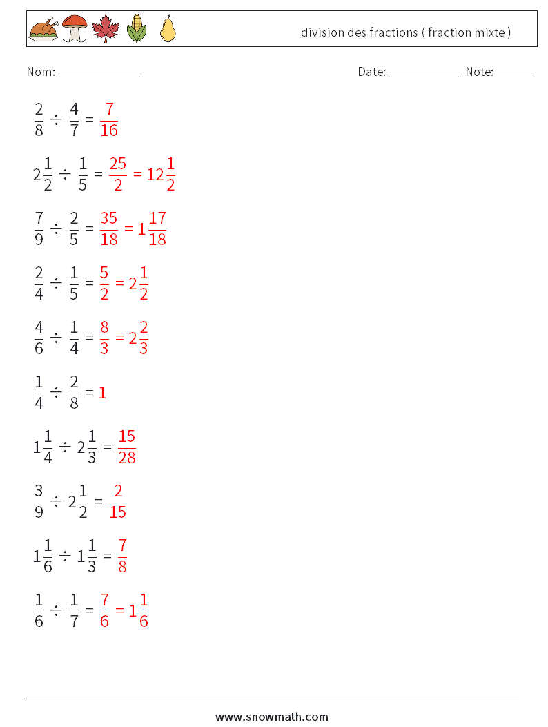 (10) division des fractions ( fraction mixte ) Fiches d'Exercices de Mathématiques 9 Question, Réponse