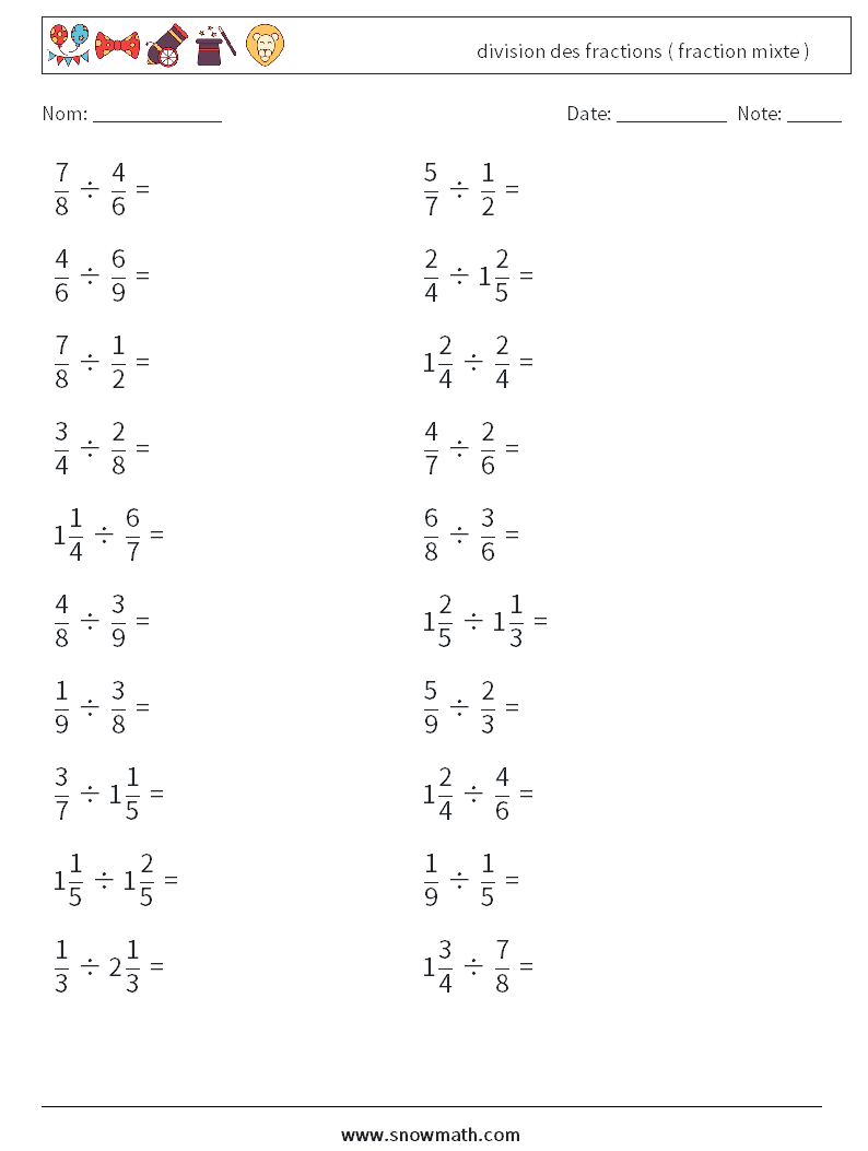 (20) division des fractions ( fraction mixte ) Fiches d'Exercices de Mathématiques 1