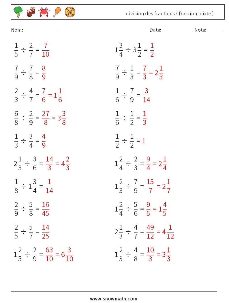 (20) division des fractions ( fraction mixte ) Fiches d'Exercices de Mathématiques 17 Question, Réponse