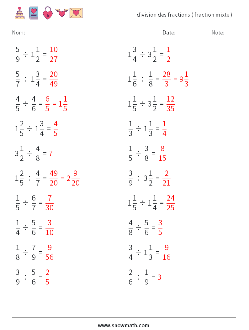 (20) division des fractions ( fraction mixte ) Fiches d'Exercices de Mathématiques 5 Question, Réponse