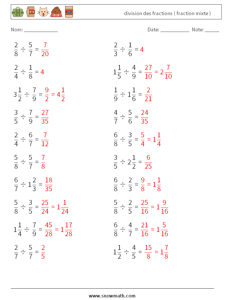 (20) division des fractions ( fraction mixte ) Fiches d'Exercices de Mathématiques 6 Question, Réponse