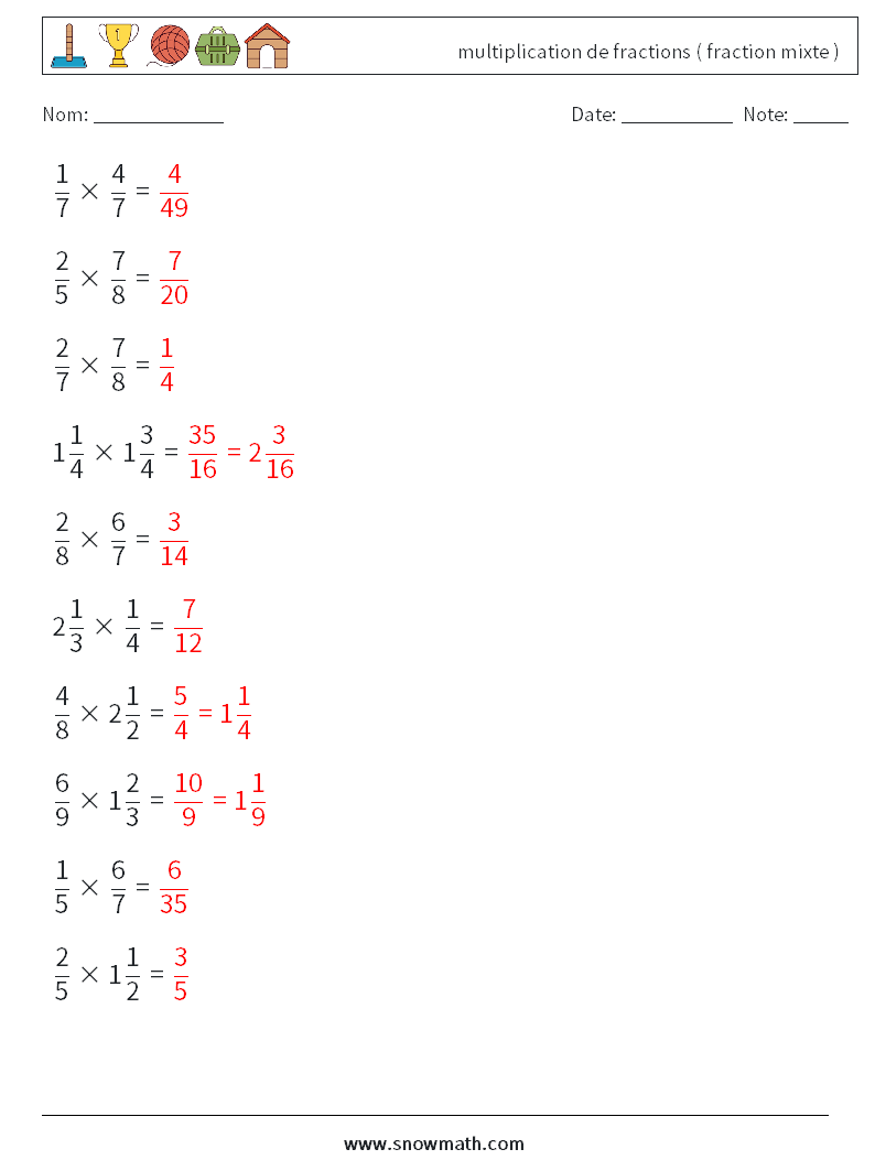 (10) multiplication de fractions ( fraction mixte ) Fiches d'Exercices de Mathématiques 10 Question, Réponse