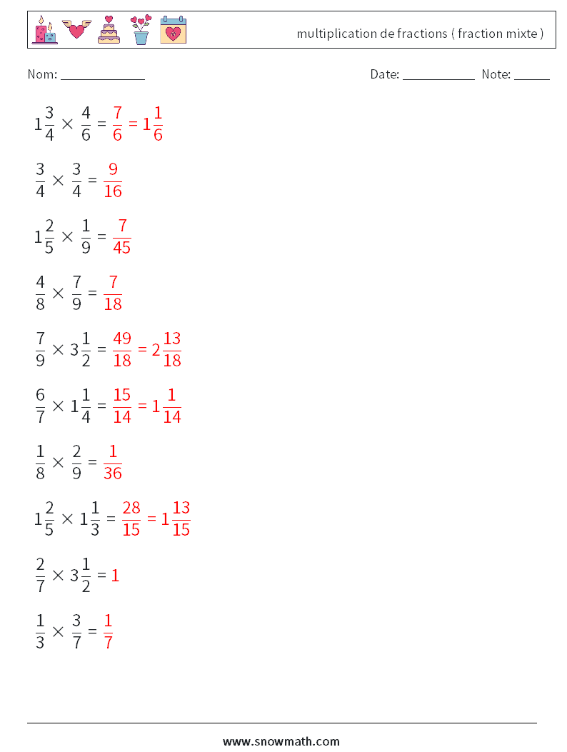 (10) multiplication de fractions ( fraction mixte ) Fiches d'Exercices de Mathématiques 11 Question, Réponse