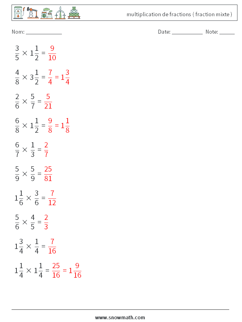 (10) multiplication de fractions ( fraction mixte ) Fiches d'Exercices de Mathématiques 12 Question, Réponse