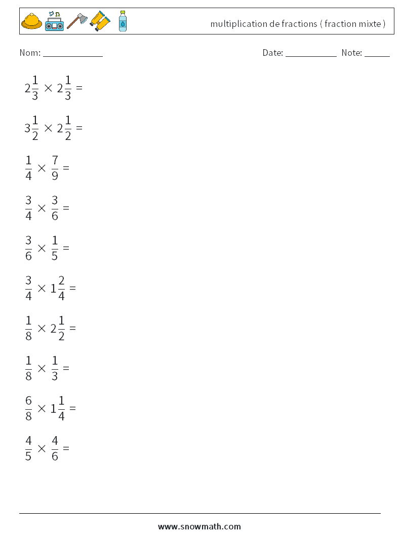 (10) multiplication de fractions ( fraction mixte ) Fiches d'Exercices de Mathématiques 13