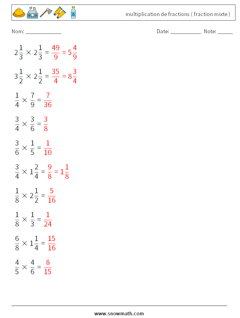(10) multiplication de fractions ( fraction mixte ) Fiches d'Exercices de Mathématiques 13 Question, Réponse