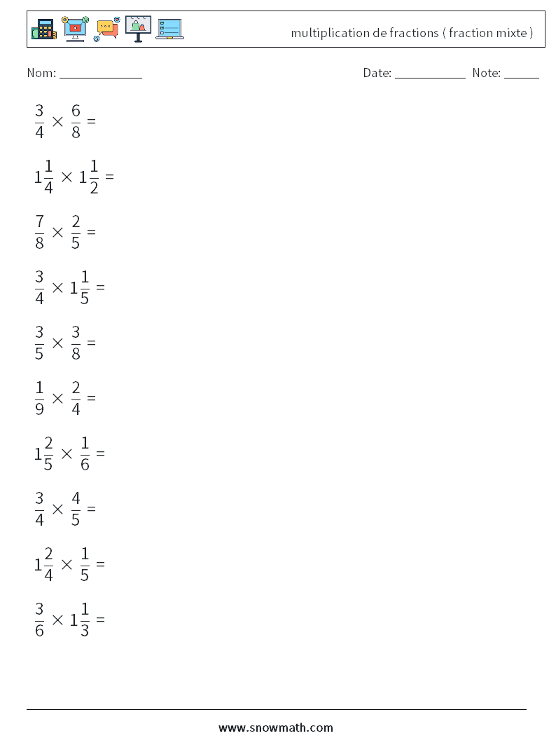 (10) multiplication de fractions ( fraction mixte ) Fiches d'Exercices de Mathématiques 14