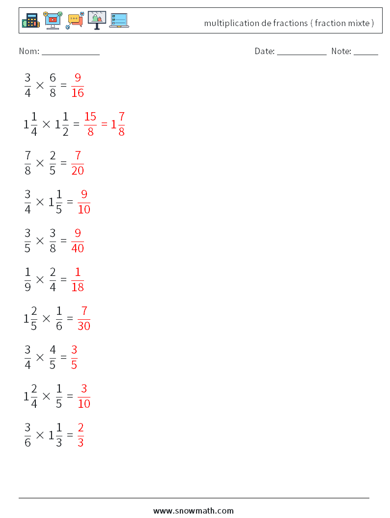 (10) multiplication de fractions ( fraction mixte ) Fiches d'Exercices de Mathématiques 14 Question, Réponse