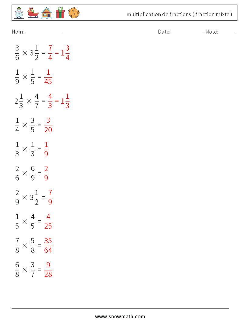 (10) multiplication de fractions ( fraction mixte ) Fiches d'Exercices de Mathématiques 15 Question, Réponse