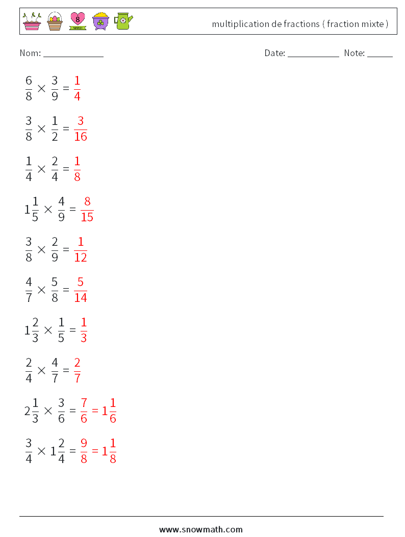 (10) multiplication de fractions ( fraction mixte ) Fiches d'Exercices de Mathématiques 16 Question, Réponse