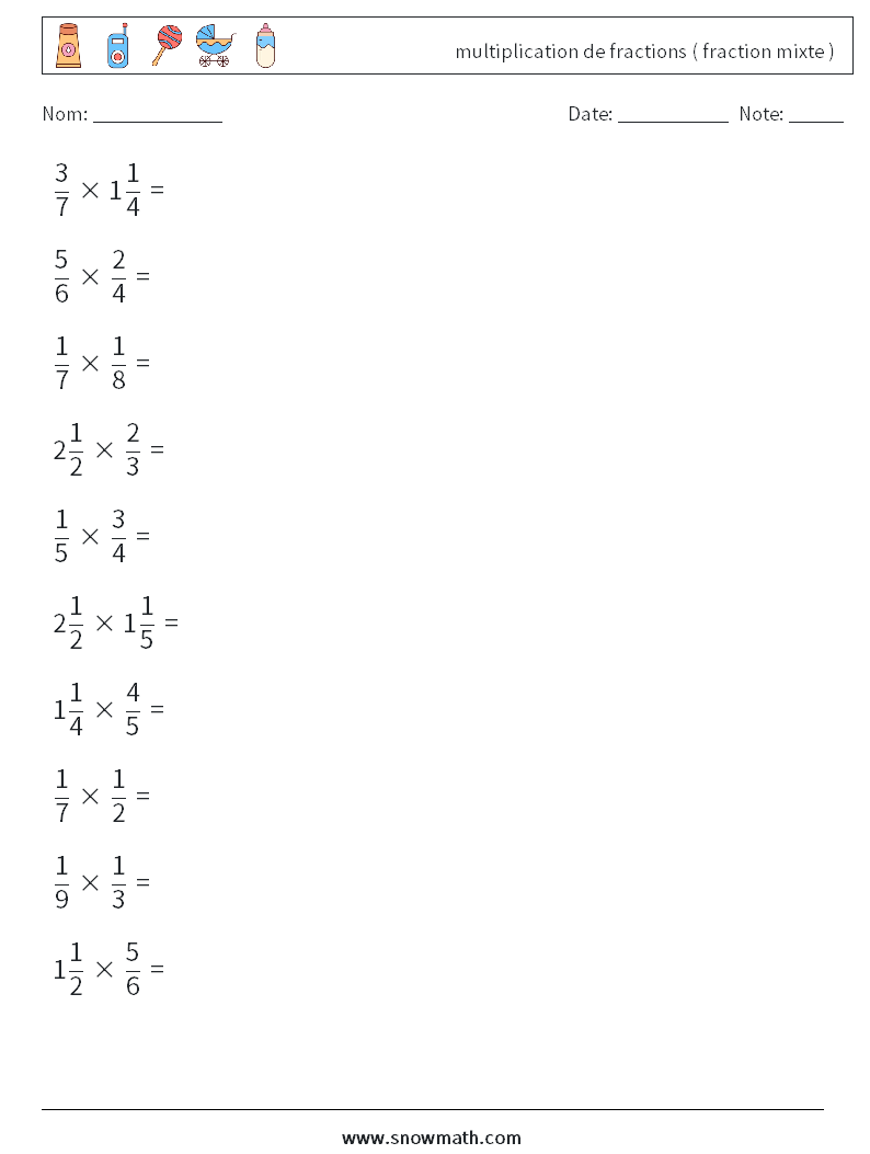 (10) multiplication de fractions ( fraction mixte ) Fiches d'Exercices de Mathématiques 17