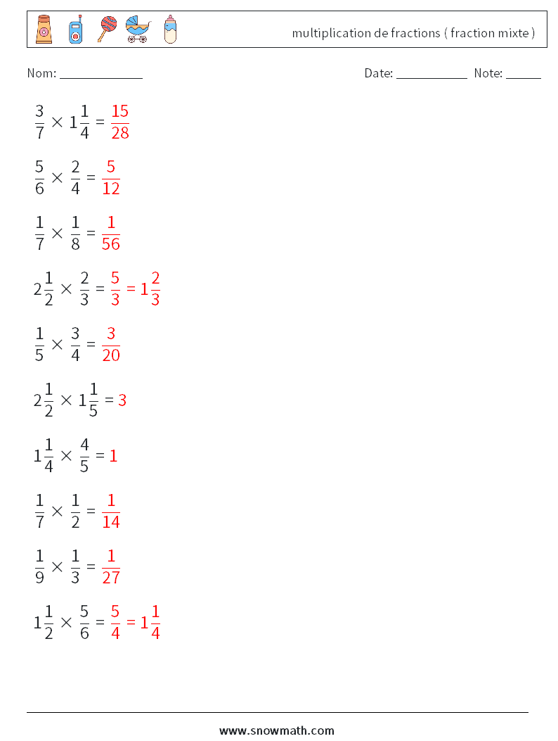 (10) multiplication de fractions ( fraction mixte ) Fiches d'Exercices de Mathématiques 17 Question, Réponse