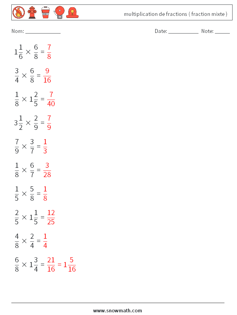(10) multiplication de fractions ( fraction mixte ) Fiches d'Exercices de Mathématiques 18 Question, Réponse
