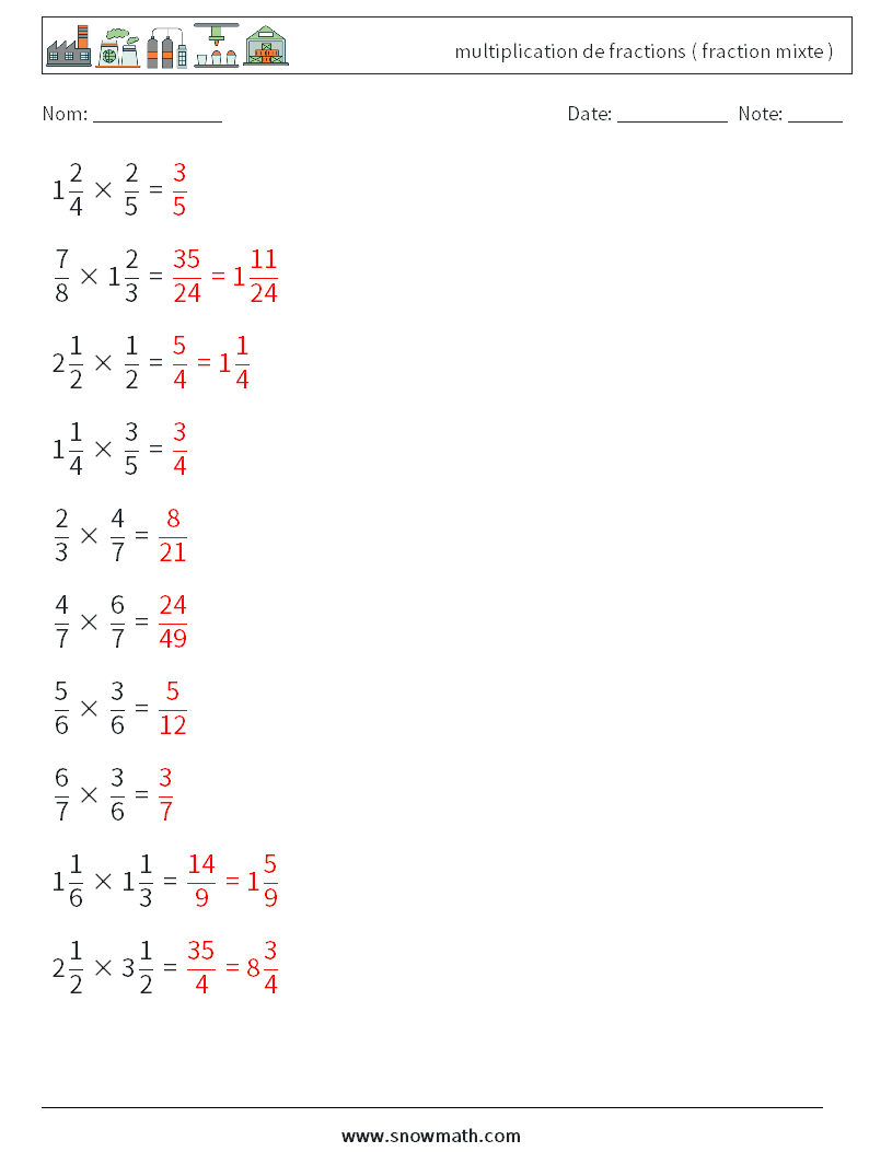 (10) multiplication de fractions ( fraction mixte ) Fiches d'Exercices de Mathématiques 2 Question, Réponse