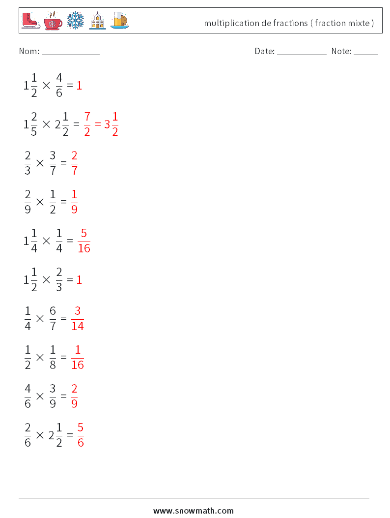 (10) multiplication de fractions ( fraction mixte ) Fiches d'Exercices de Mathématiques 3 Question, Réponse