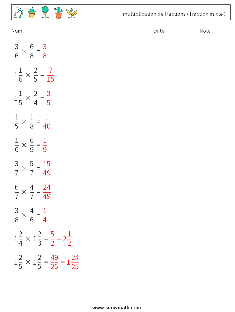 (10) multiplication de fractions ( fraction mixte ) Fiches d'Exercices de Mathématiques 4 Question, Réponse