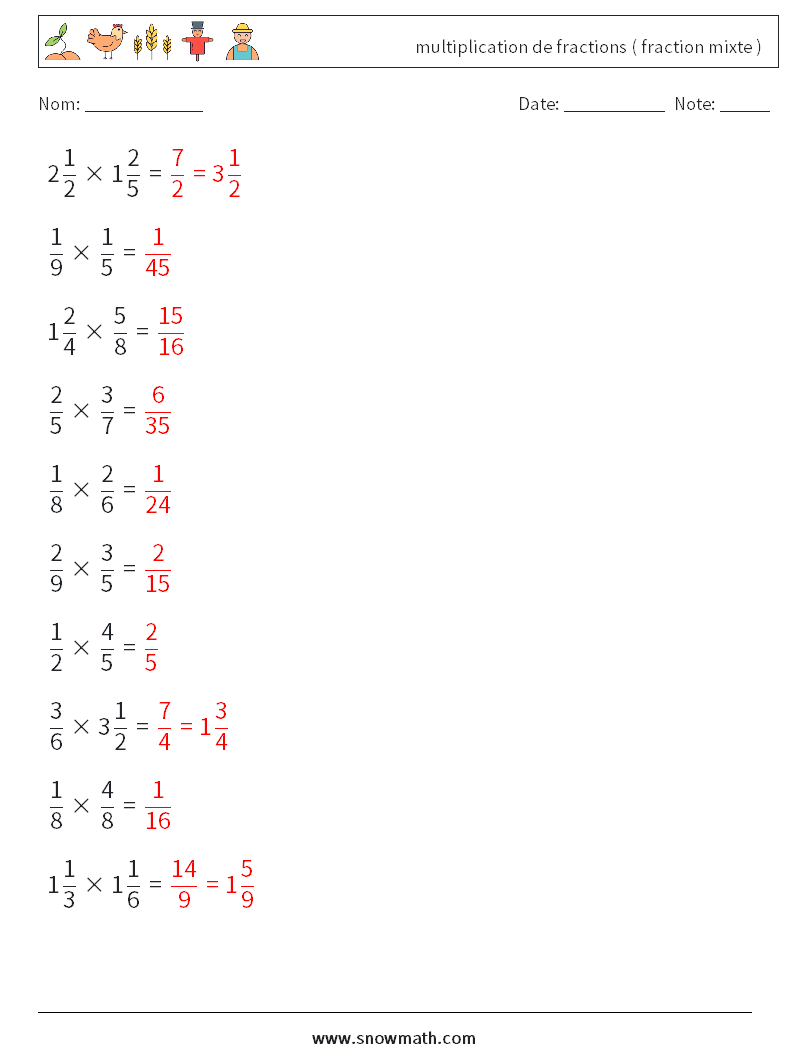 (10) multiplication de fractions ( fraction mixte ) Fiches d'Exercices de Mathématiques 5 Question, Réponse