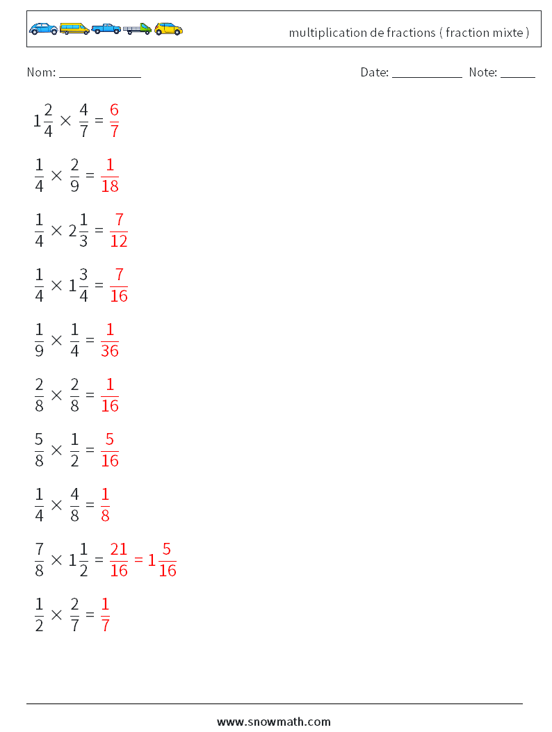 (10) multiplication de fractions ( fraction mixte ) Fiches d'Exercices de Mathématiques 6 Question, Réponse