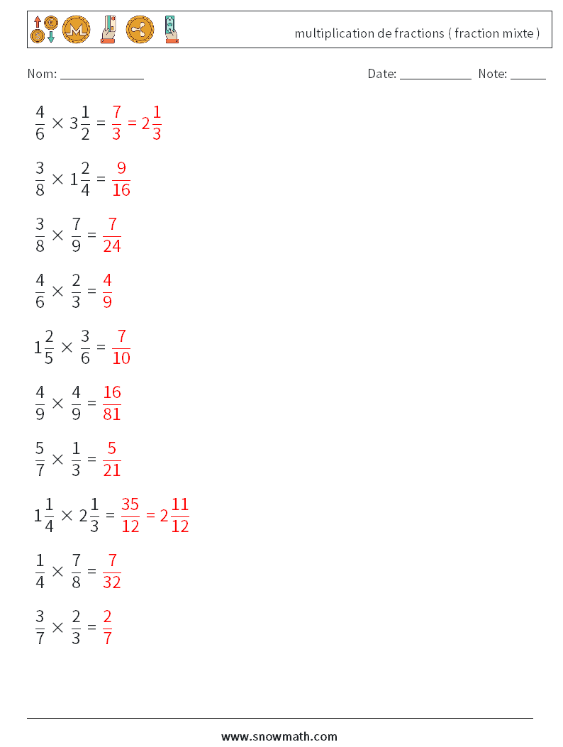 (10) multiplication de fractions ( fraction mixte ) Fiches d'Exercices de Mathématiques 7 Question, Réponse
