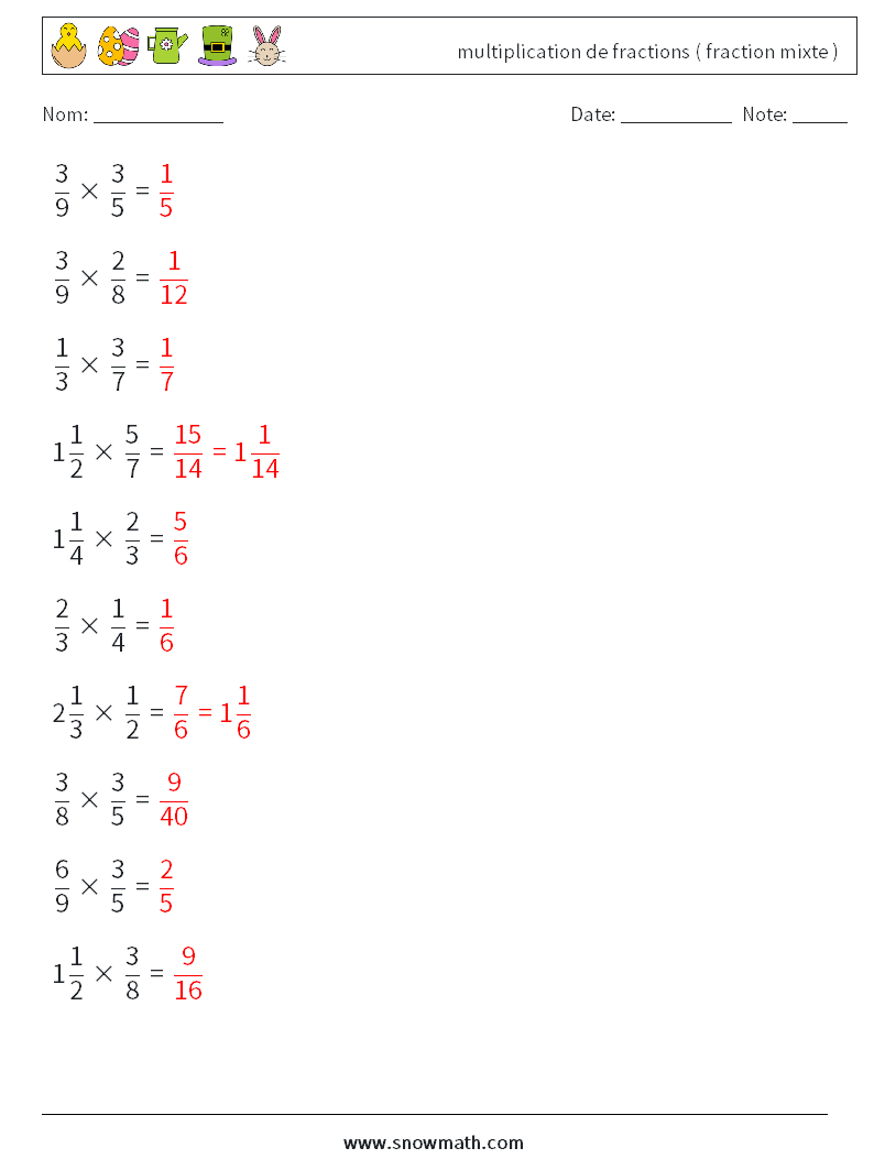 (10) multiplication de fractions ( fraction mixte ) Fiches d'Exercices de Mathématiques 8 Question, Réponse