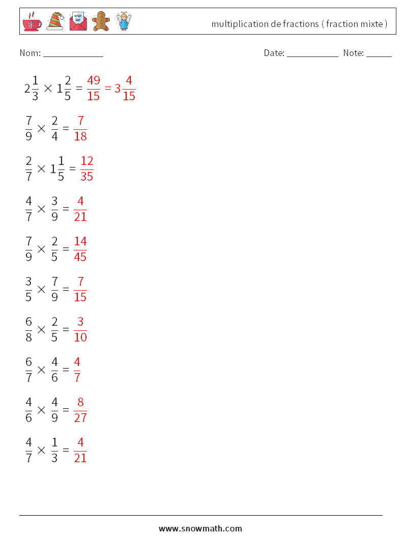 (10) multiplication de fractions ( fraction mixte ) Fiches d'Exercices de Mathématiques 9 Question, Réponse