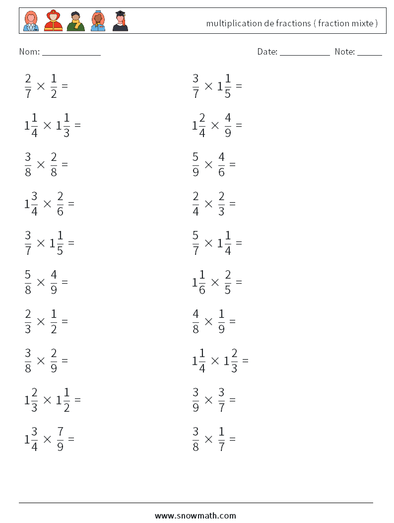 (20) multiplication de fractions ( fraction mixte ) Fiches d'Exercices de Mathématiques 1