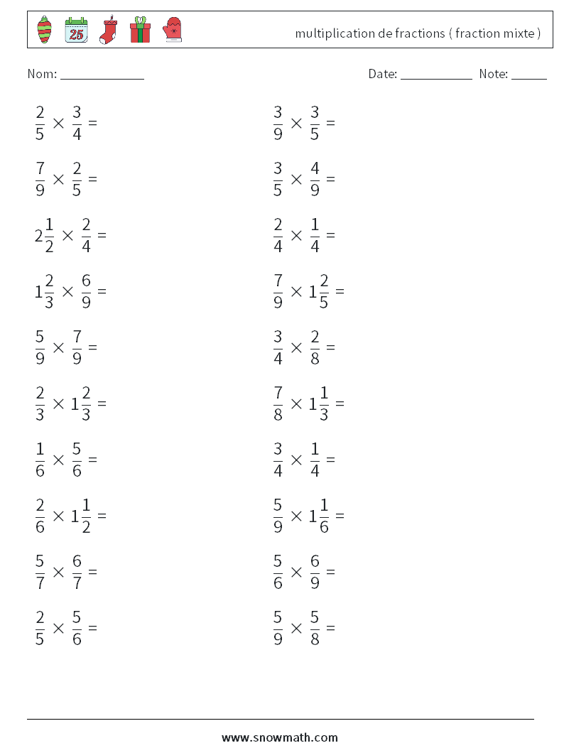 (20) multiplication de fractions ( fraction mixte ) Fiches d'Exercices de Mathématiques 10