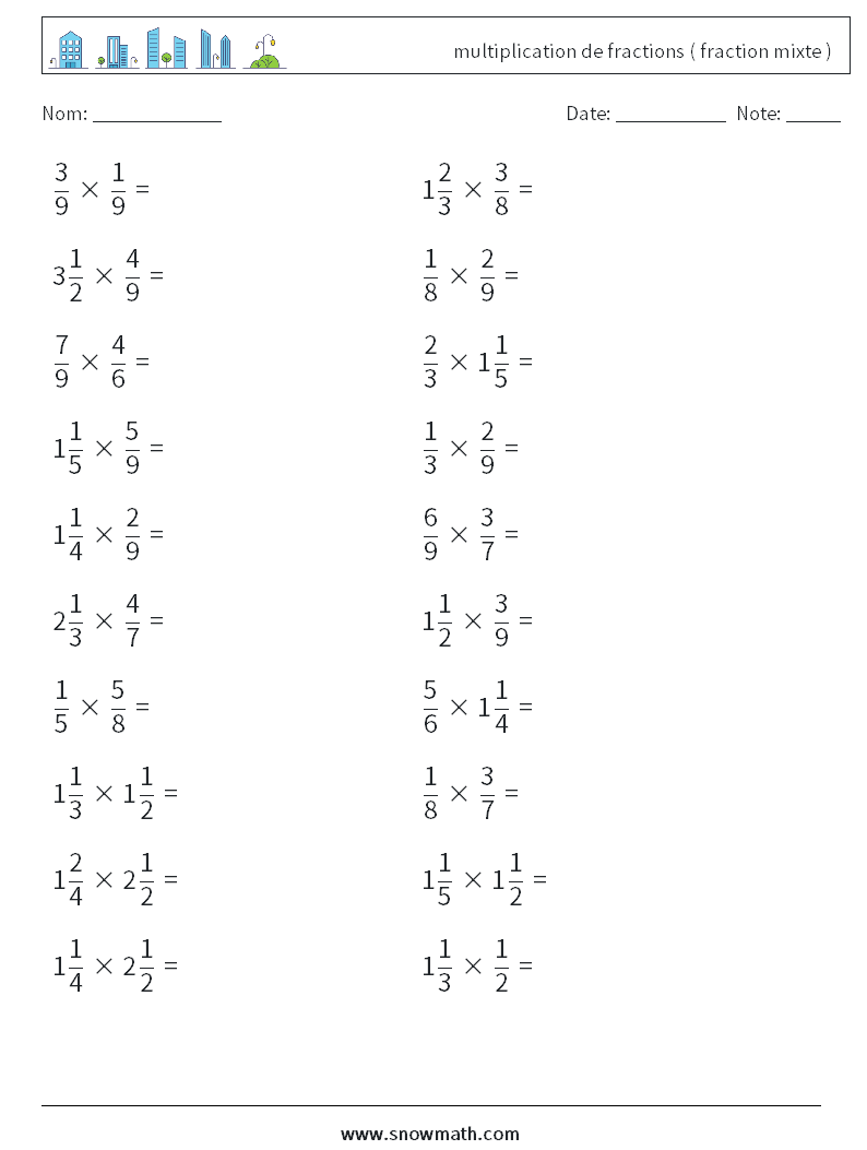 (20) multiplication de fractions ( fraction mixte ) Fiches d'Exercices de Mathématiques 11