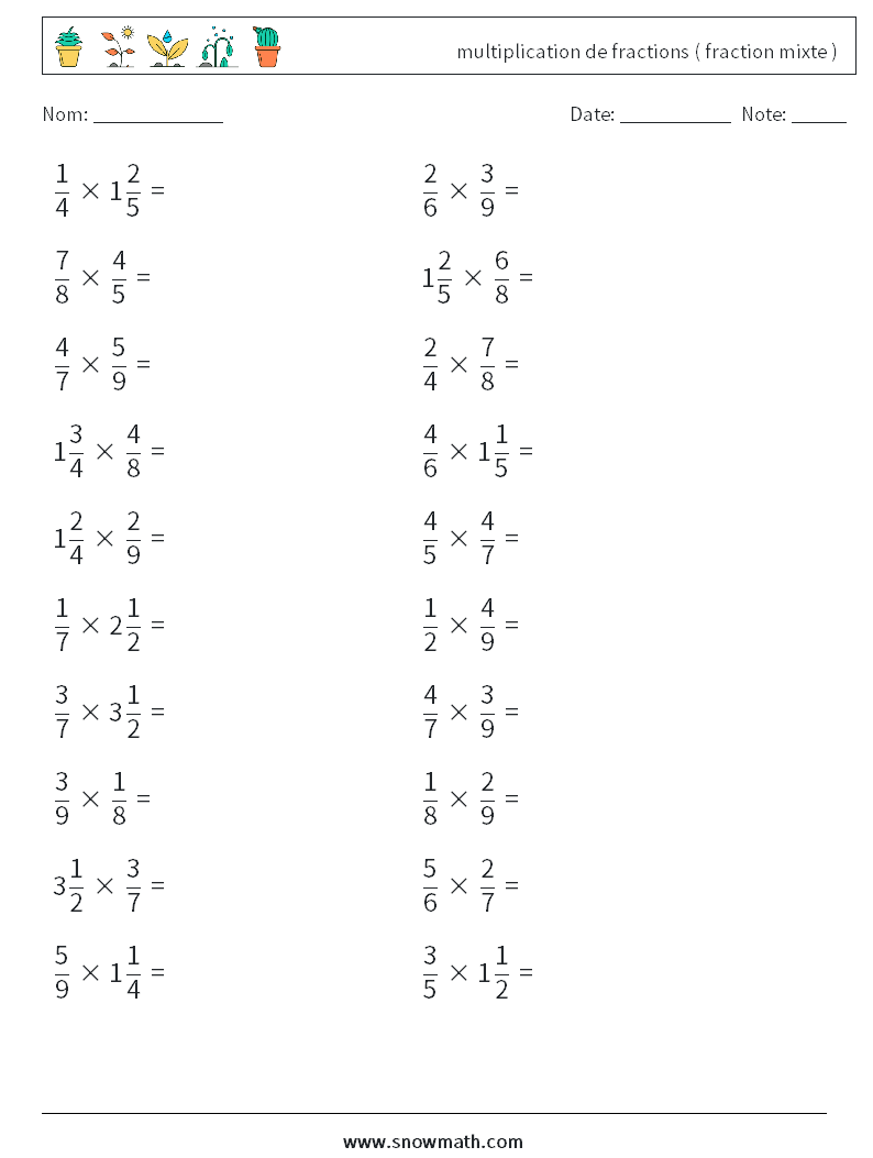 (20) multiplication de fractions ( fraction mixte ) Fiches d'Exercices de Mathématiques 12
