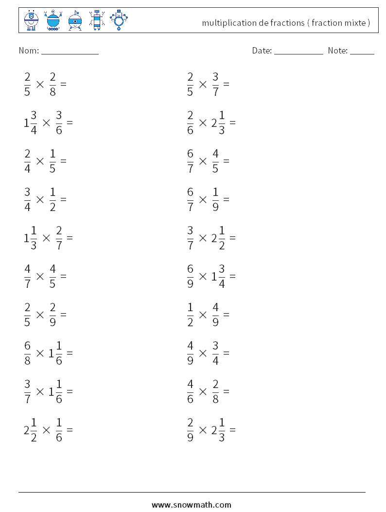 (20) multiplication de fractions ( fraction mixte ) Fiches d'Exercices de Mathématiques 13