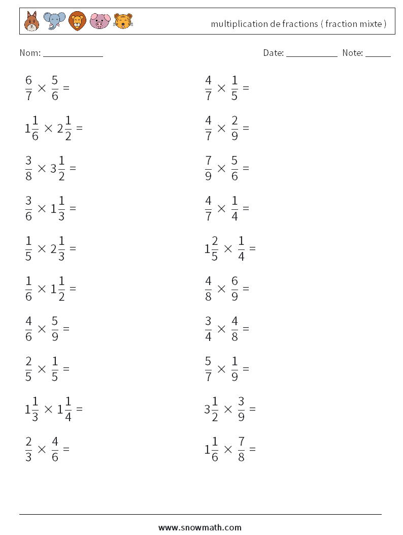(20) multiplication de fractions ( fraction mixte ) Fiches d'Exercices de Mathématiques 14