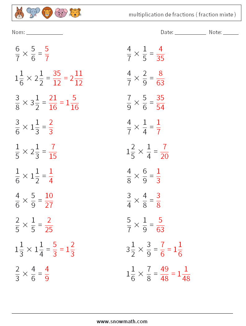 (20) multiplication de fractions ( fraction mixte ) Fiches d'Exercices de Mathématiques 14 Question, Réponse