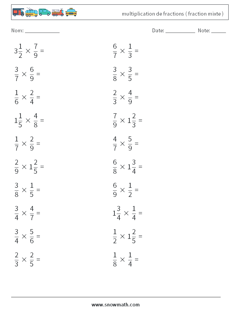 (20) multiplication de fractions ( fraction mixte ) Fiches d'Exercices de Mathématiques 15